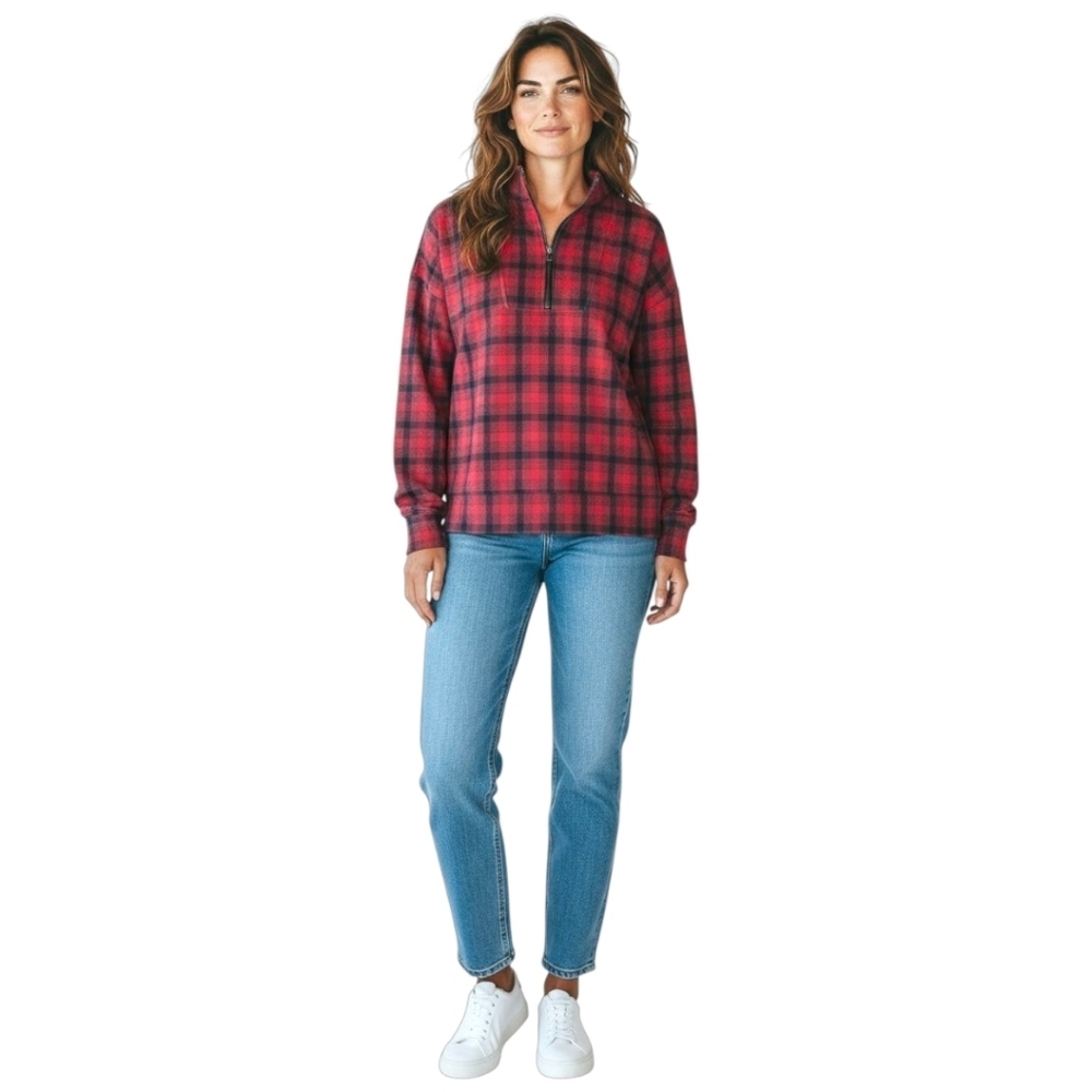 REBORN NEW Plus size plaid warm stylish long sleeve front zip pullover top 3X
